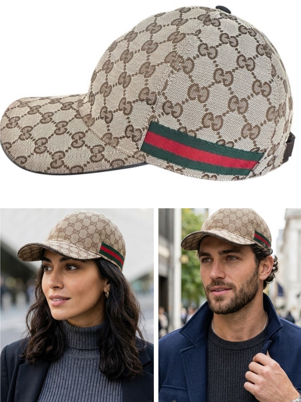 Gucci Original GG Canvas Baseball Hat Cap Web Stripe Beige Brown Medium 58